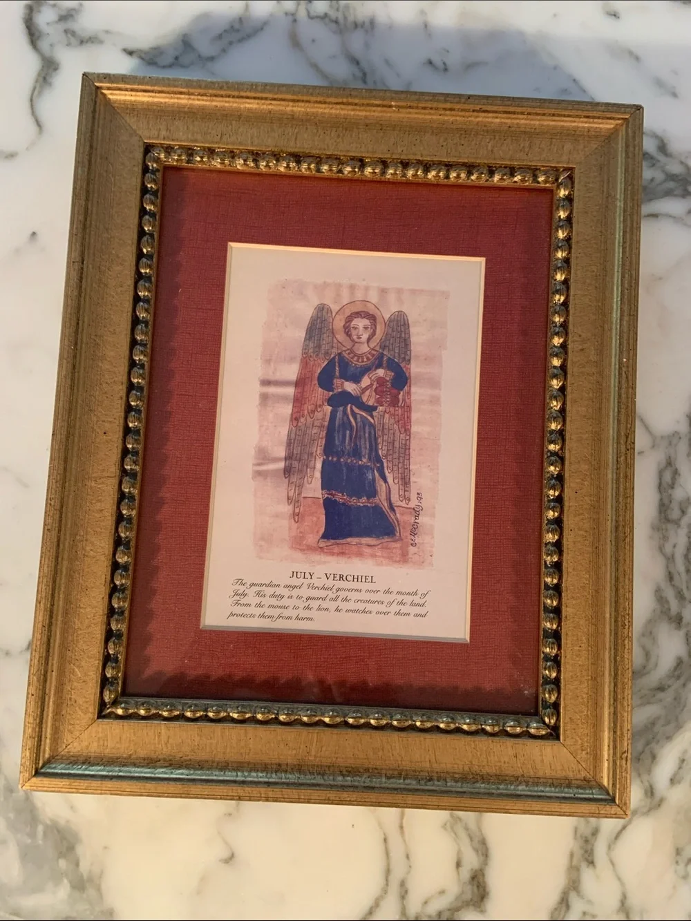 Carol McCrady Gold Framed Angel Art July Birthday Print with Red Mat